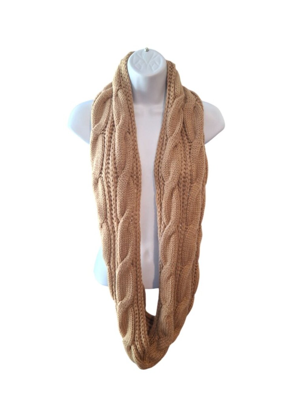 CG Couture Gems Tan Cable Knit Infinity Scarf Chunky Cozy Boho Cottagecore